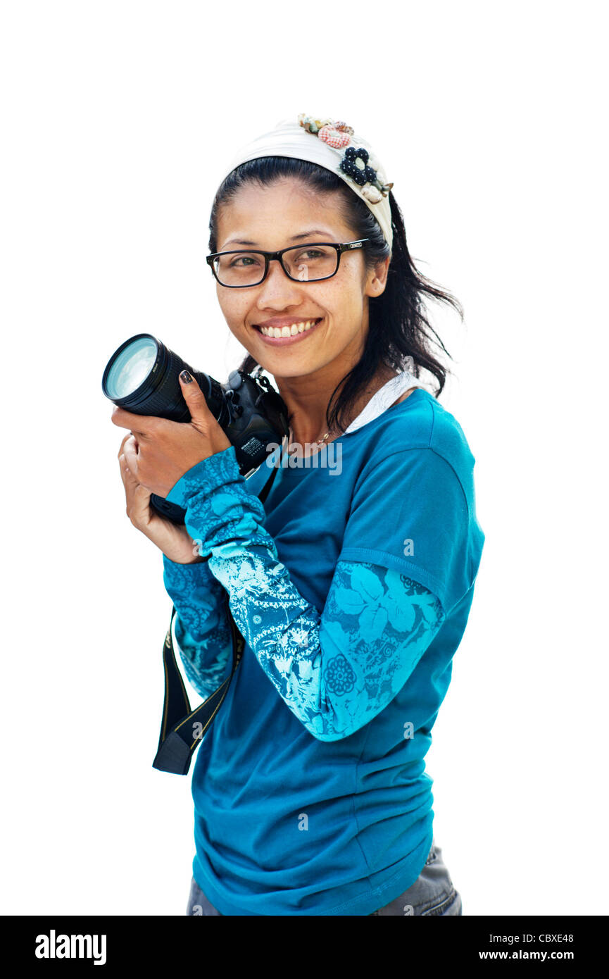 Thai woman with a Nikon DSLR camera, Thailand, Asia Stock Photo