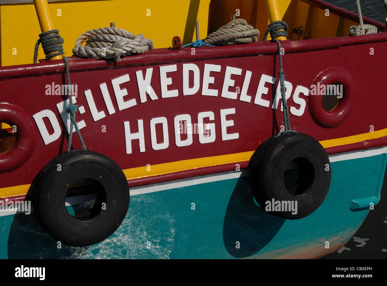 Detail of traditional fishing boat at home at the tiny island of Hallig Hooge in North Frisia, Germany Stock Photo