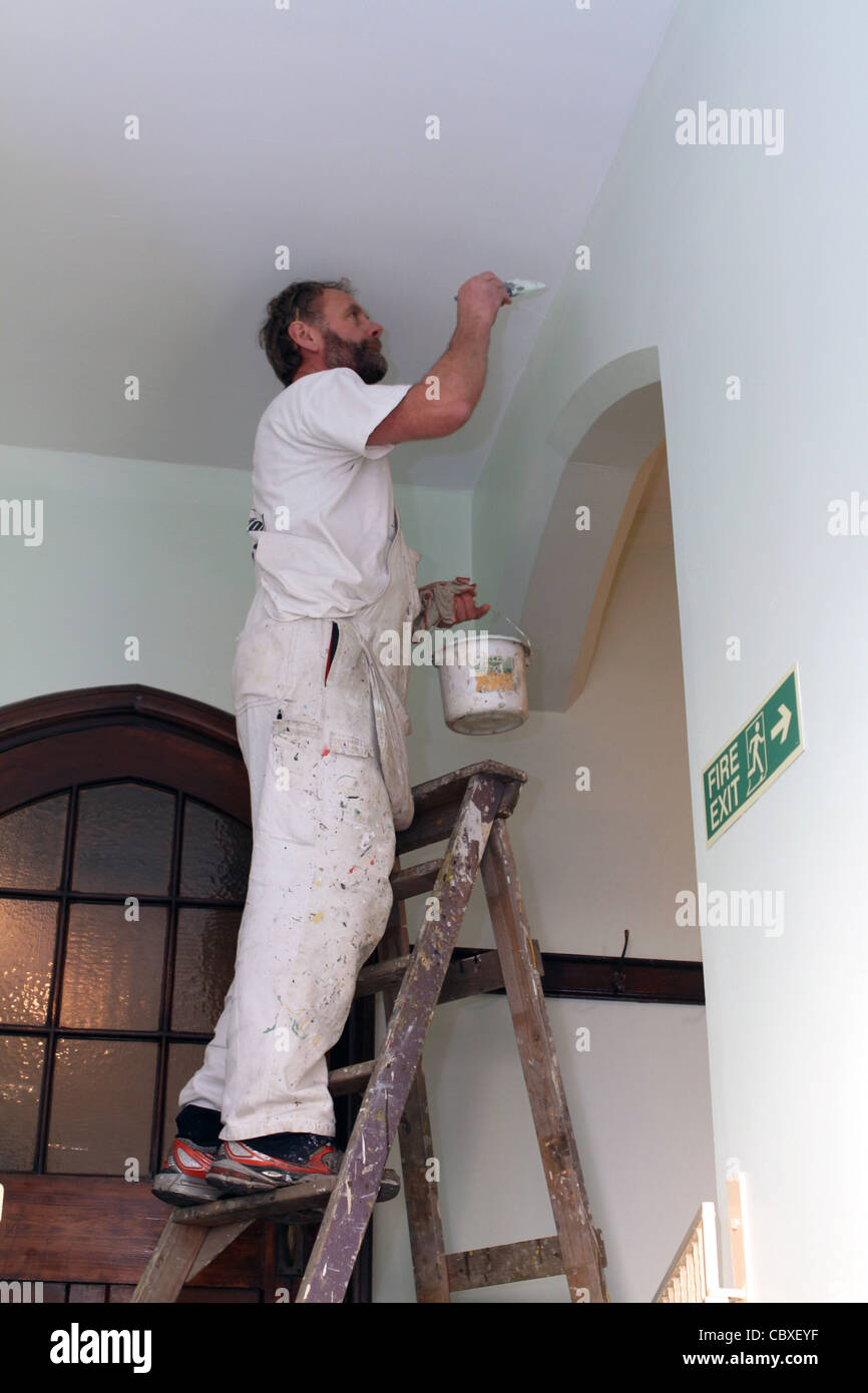 Painter and Decorator, Painting while wearing full PPE on a step ladder