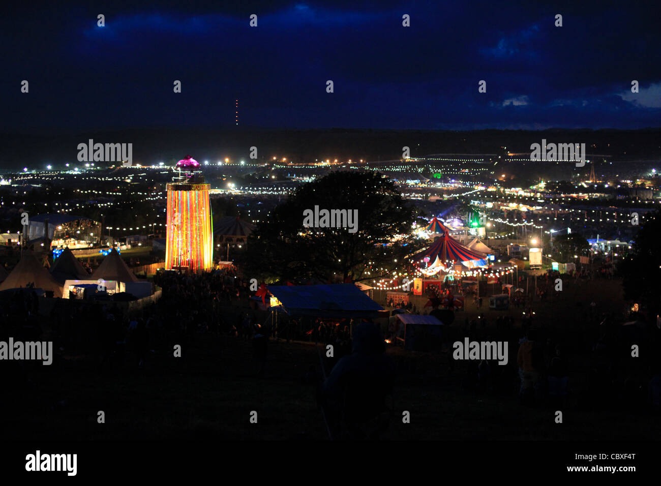 Night time view overlooking part of the Glastonbury Music Festival 2011, UK Stock Photo