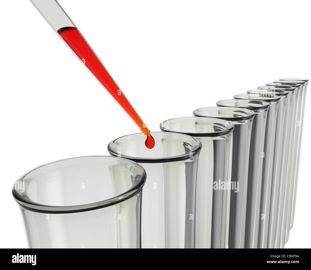Test tubes and pipette with a drop of red liquid on white background ...