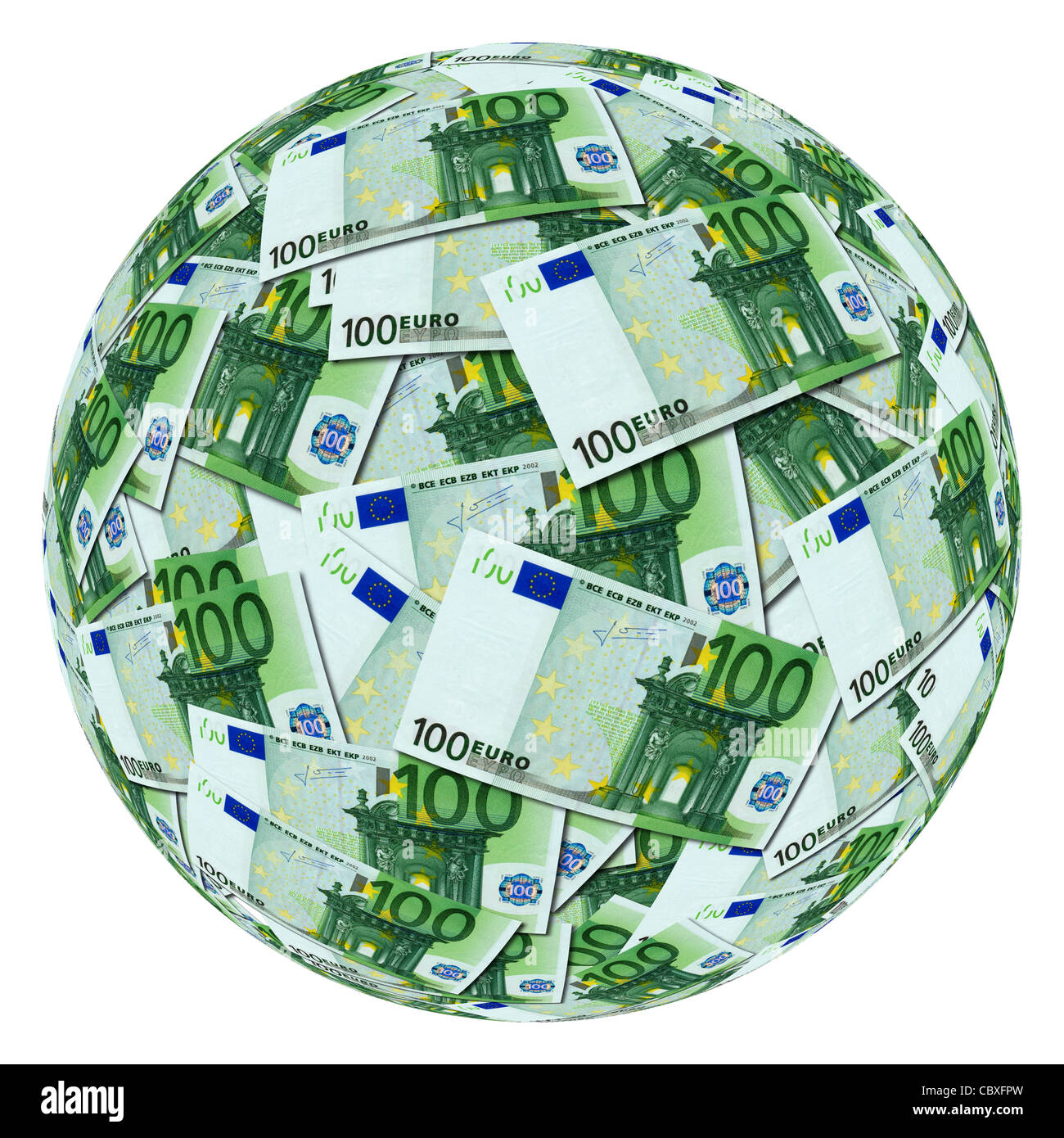 A sphere made with banknotes of 100 Euros.  Sphère composée à partir de billets de banque de 100 euros. Stock Photo