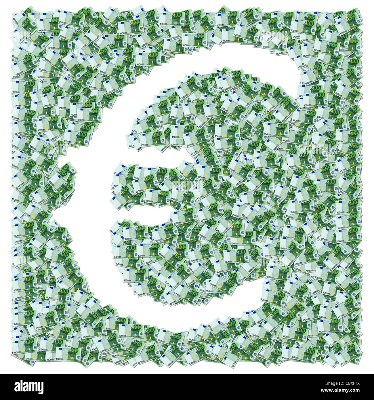 The Euro symbol made with € 100 banknotes.  Symbole € composé à partir de billets de banque de 100 euros. Stock Photo