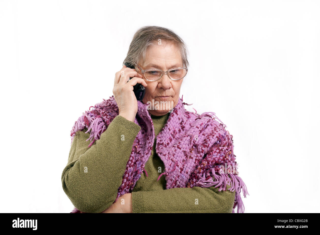old woman talking on the phone on white background Stock Photo - Alamy