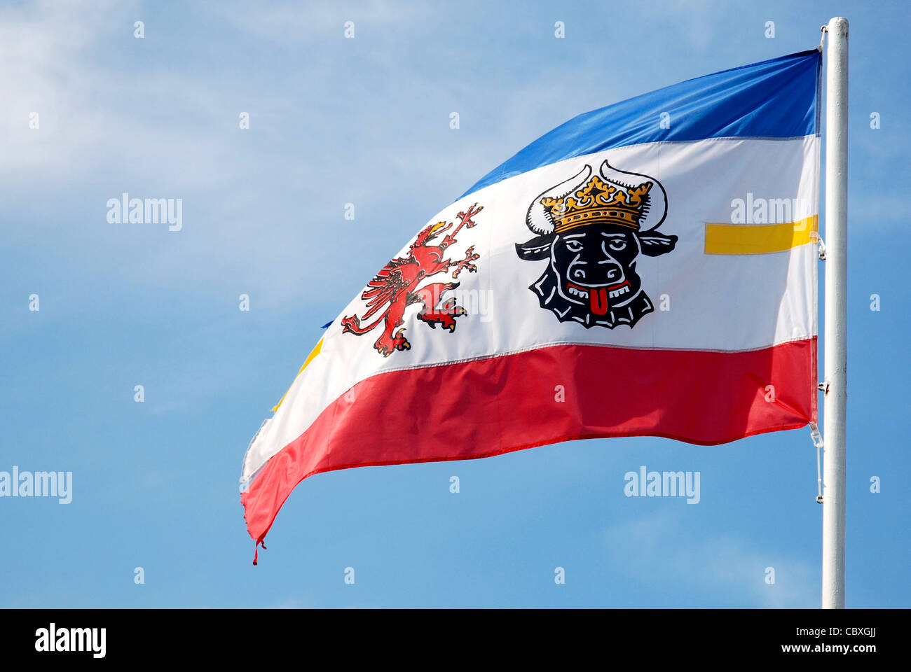 Fly flags with the coat of arms of the Federal state from Mecklenburg-Western Pomerania. Stock Photo