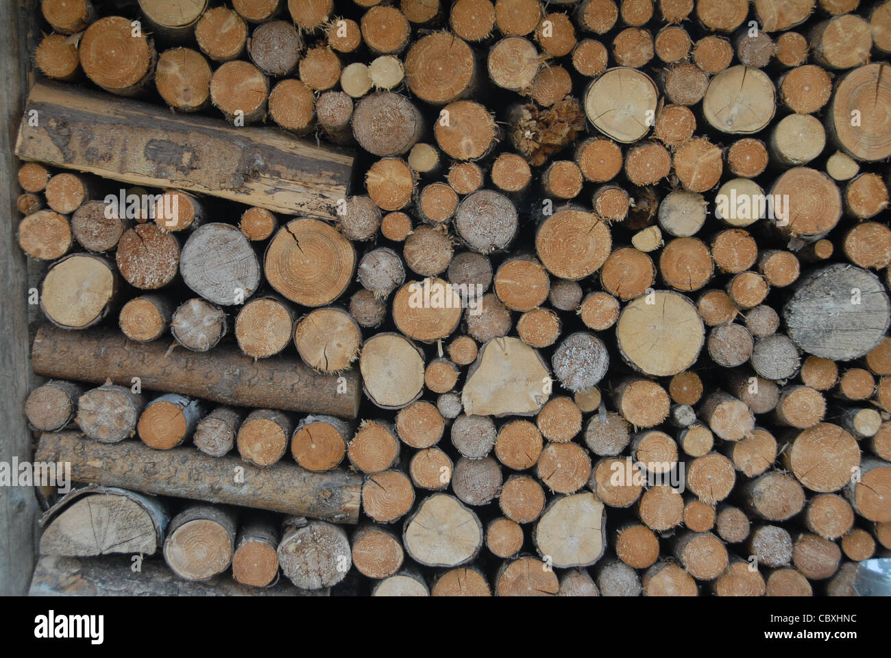 Firewood, properly stacked up on a farm at Peißenberg in Bavaria's Pfaffenwinkel, southern Germany Stock Photo