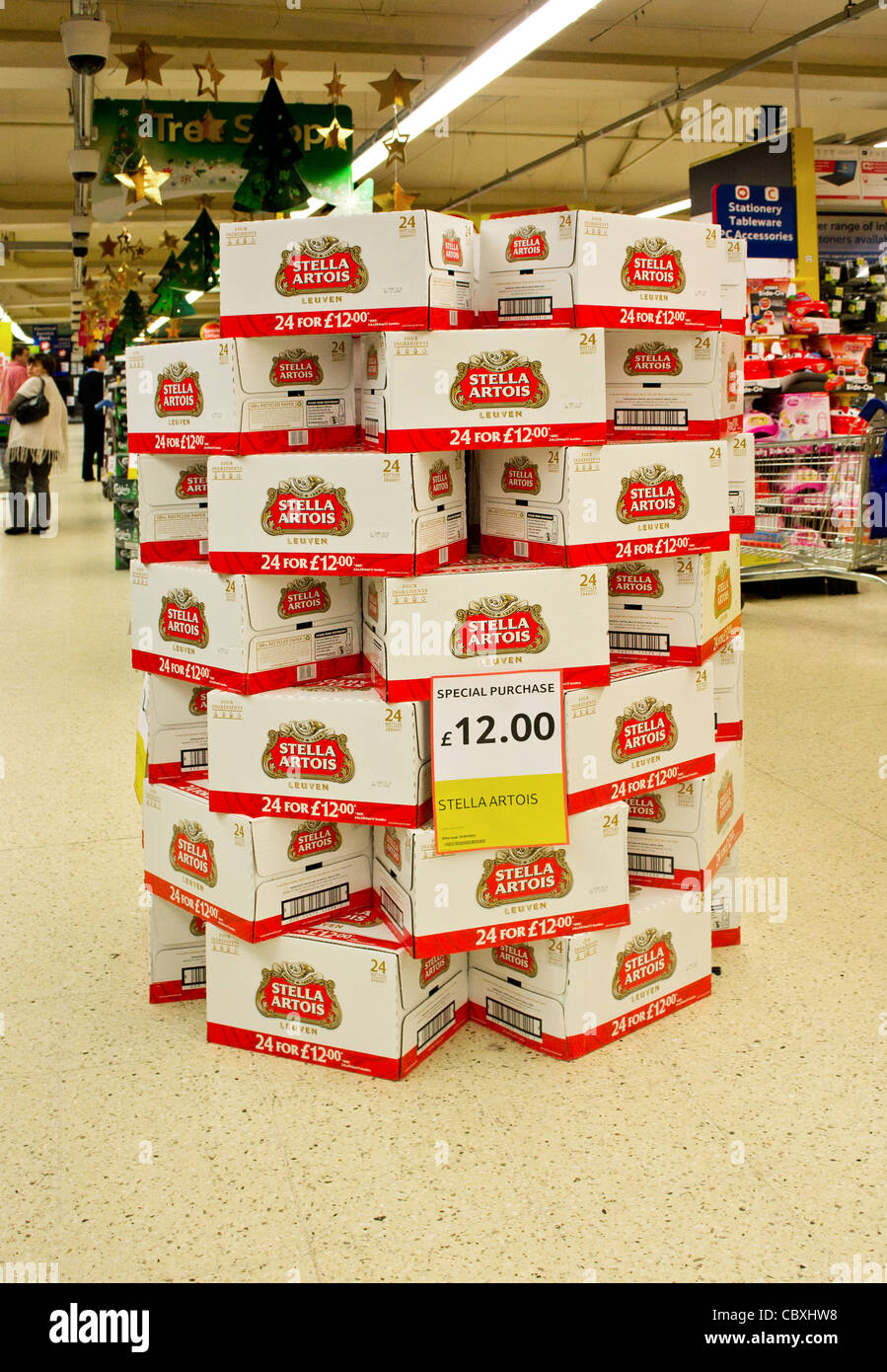 a display of Stella Artois beer in a Tesco supermarket, UK Stock Photo