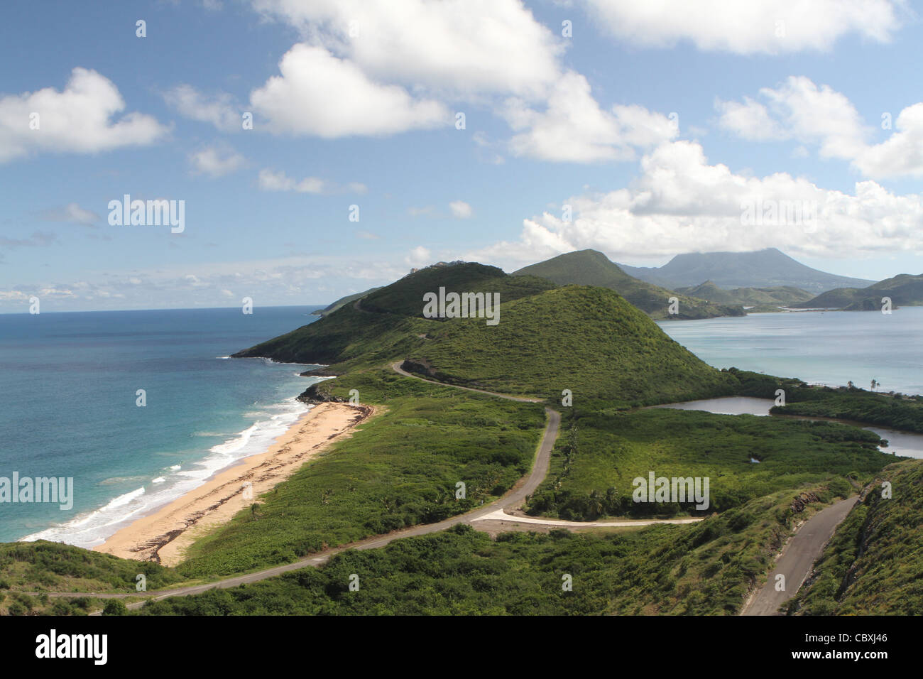 St Kitts with Nevis in the distance showing Atlantic and Caribbean Oceans Stock Photo