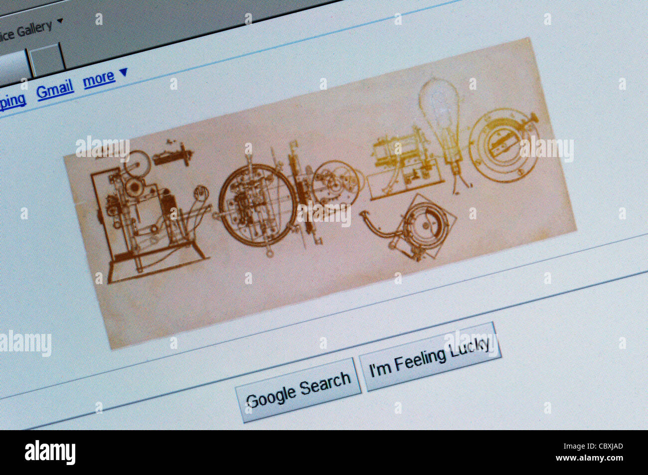 The Google search engine web site front page celebrating Thomas Edison's Birthday Stock Photo