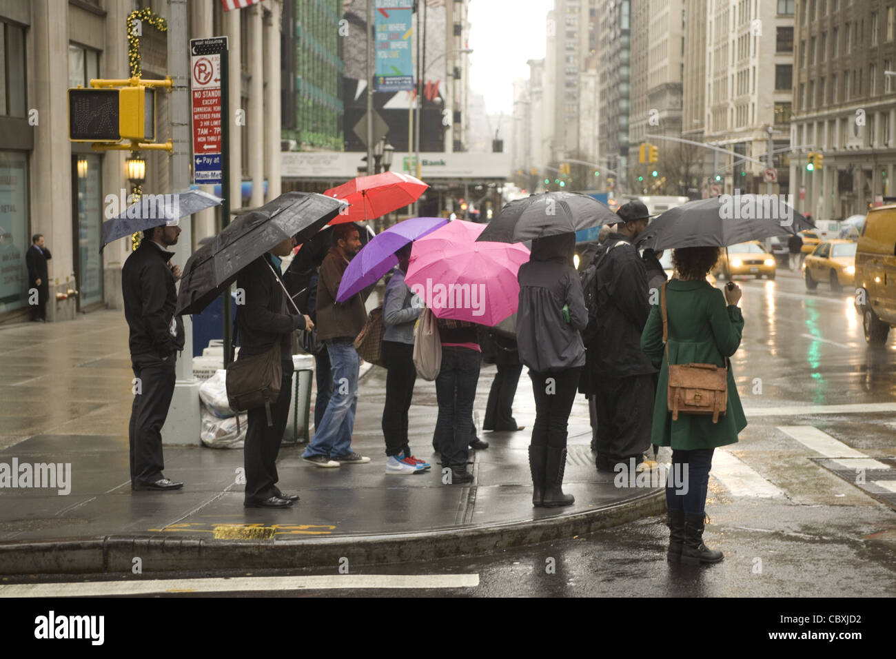 Rainy day in NYC at 5th Avenue and 29th Street. Stock Photo