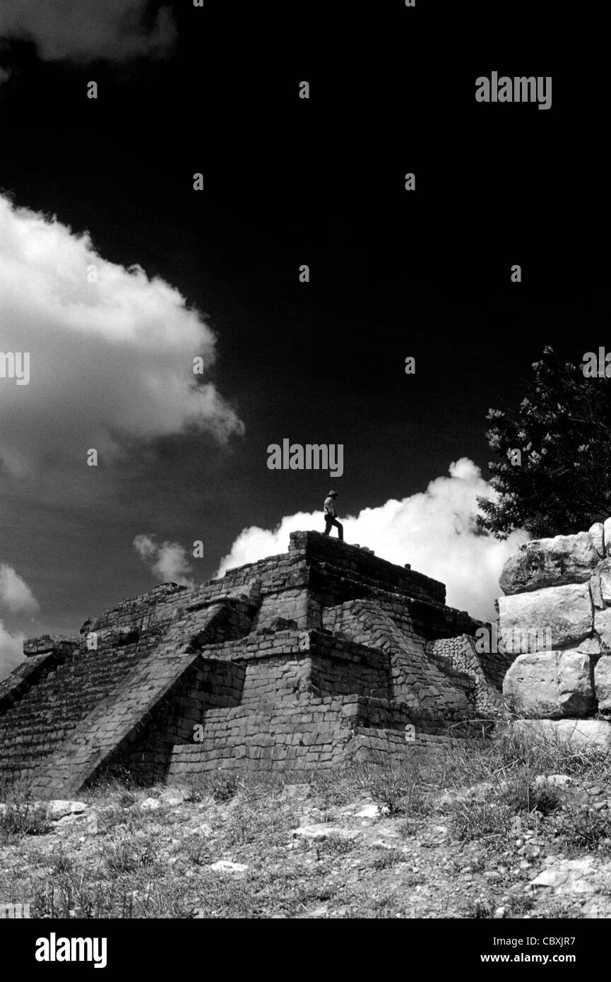 Tourist on top of the Acroplois, the main structure at at the Mayan ruins of Chinkultic near Comitan, Chiapas, Mexico Stock Photo
