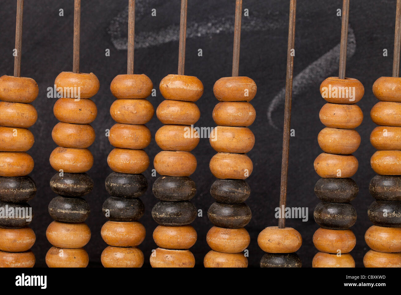 abstract of vintage wooden abacus , beads and rods against a blackboard - retro education concept Stock Photo