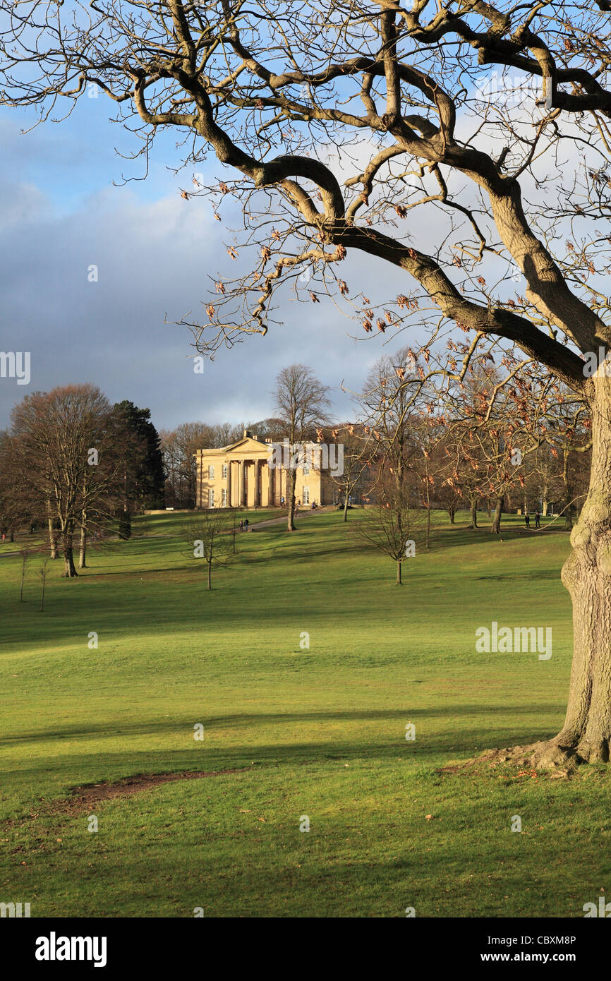 The Mansion in Roundhay Park, framed by trees. Leeds, West Yorkshire, England, UK Stock Photo