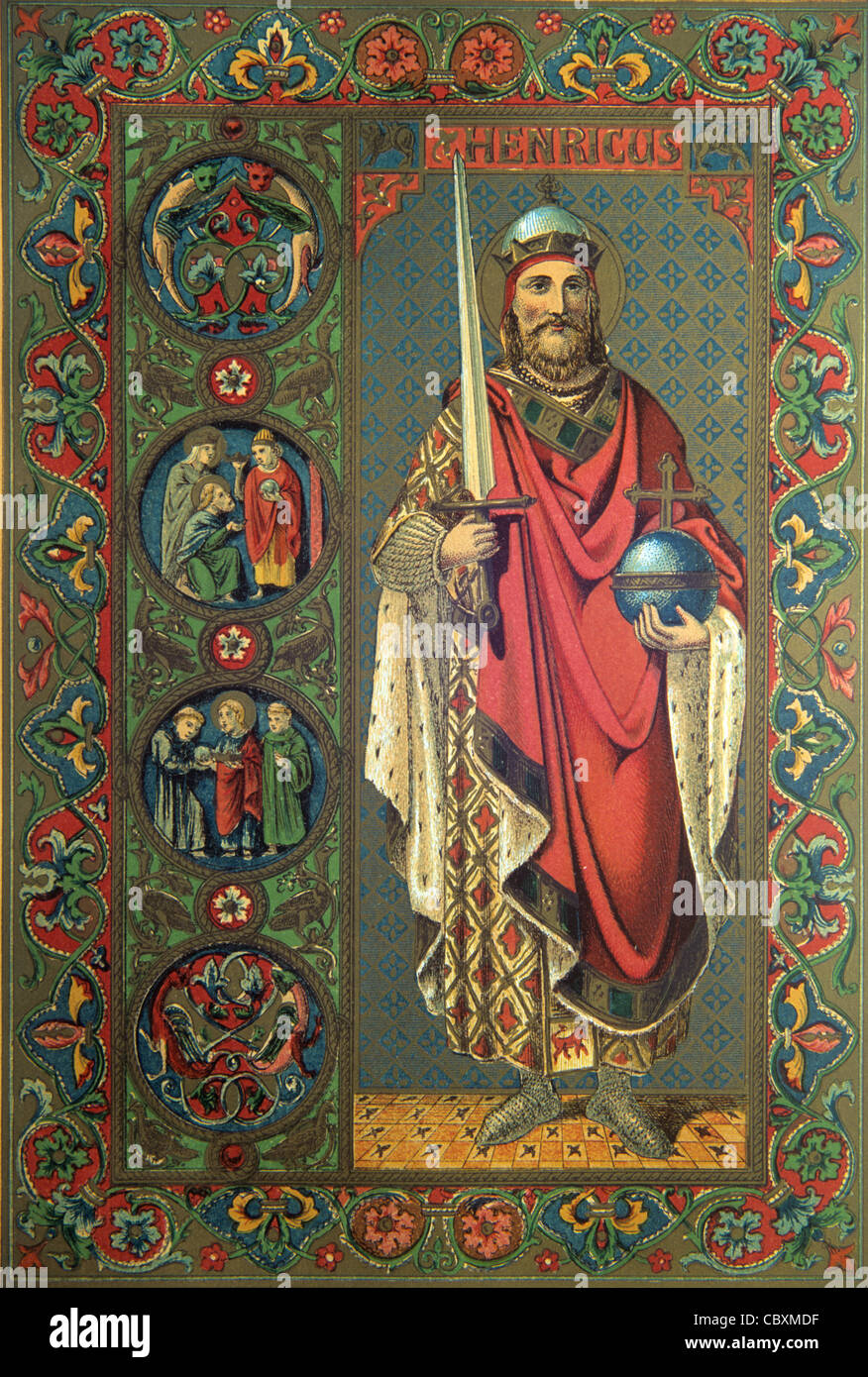 Henry II (Holy Roman Empire) called Henry the Saint (973-1024) or Saint Henry the Exuberant German King & Holy Roman Emperor (1002-24) Holding A Sword and Orb. Chromolithograhy c1890 Stock Photo