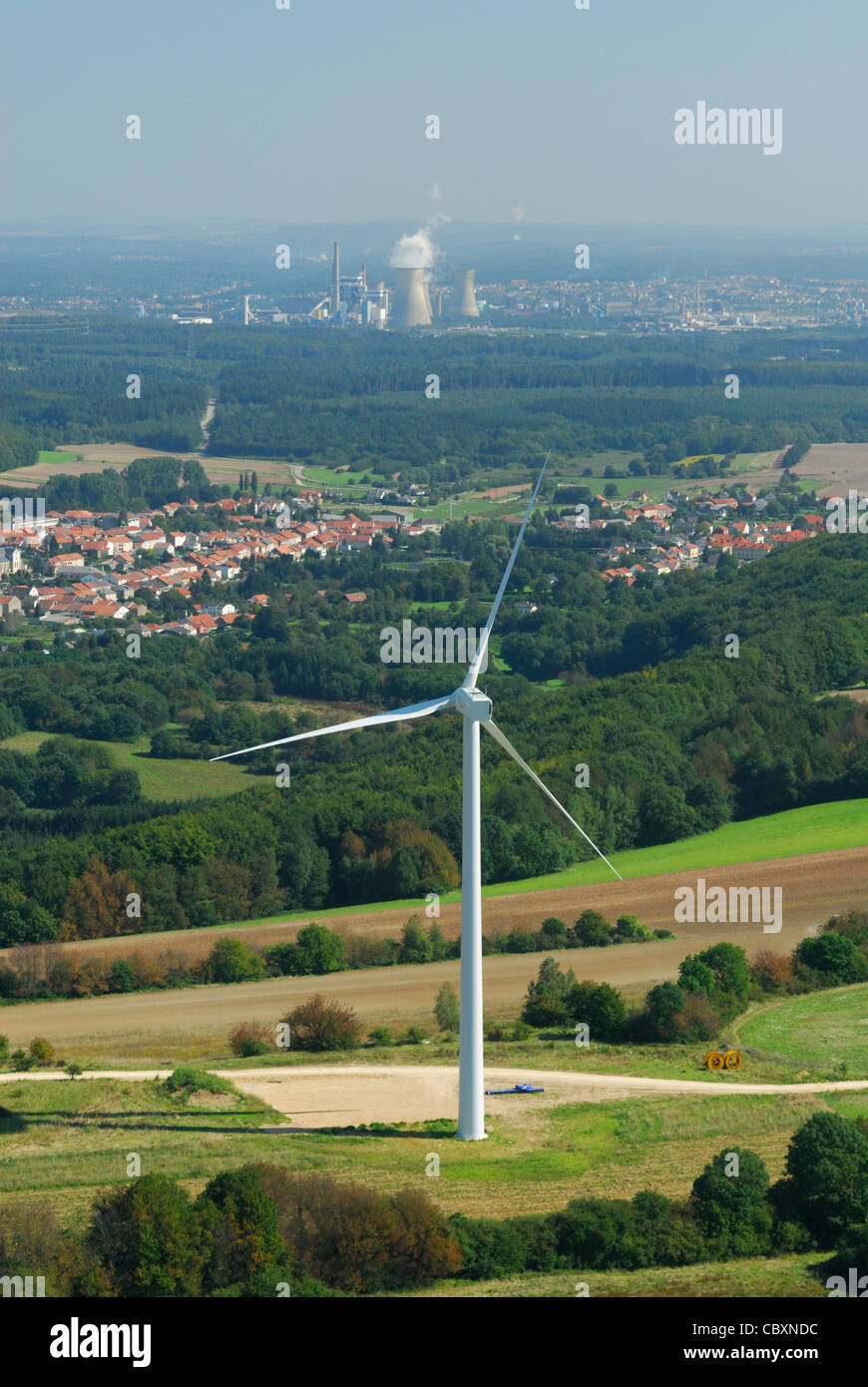 Aerial view of an alternator and propeller of a wind turbine with on