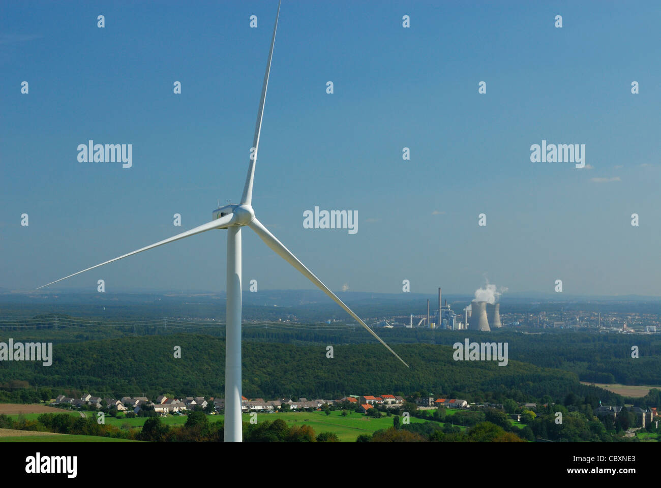 Aerial view of an alternator and propeller of a wind turbine with on