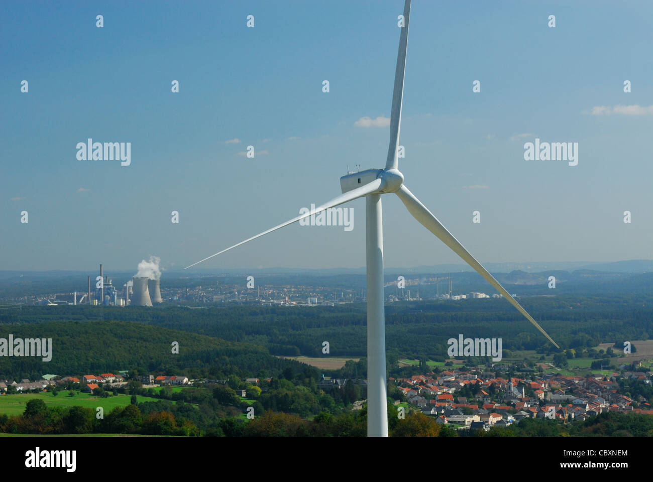 Aerial view of an alternator and propeller of a wind turbine with on