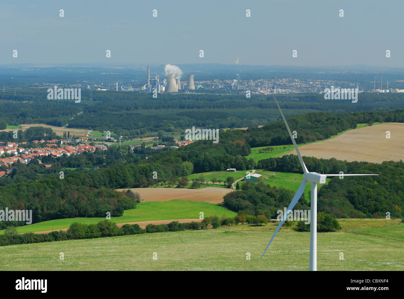 Aerial view of an alternator and propeller of a wind turbine with on