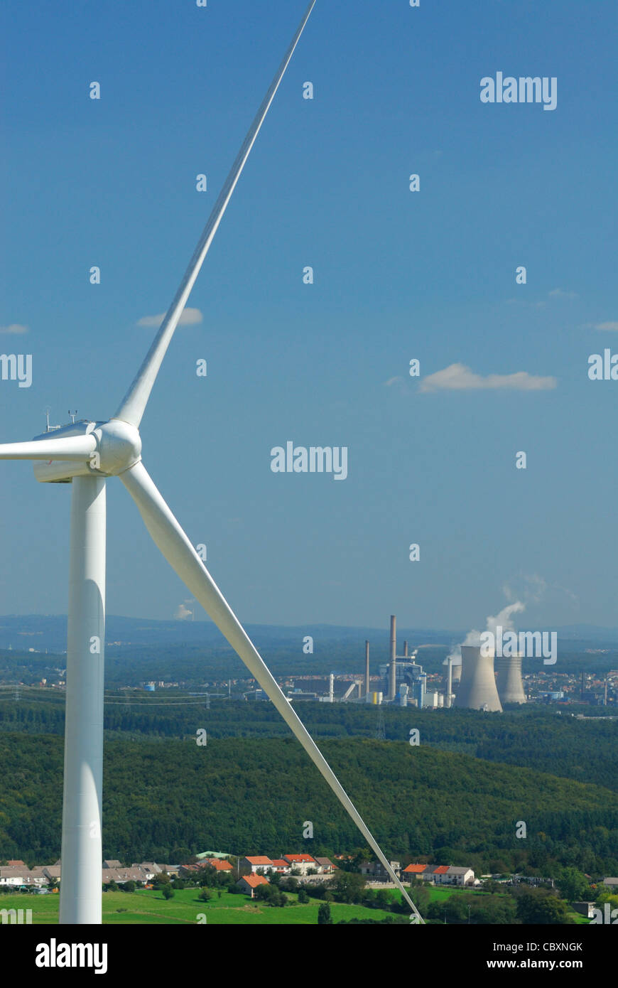 Aerial view of an alternator and propeller of a wind turbine with on