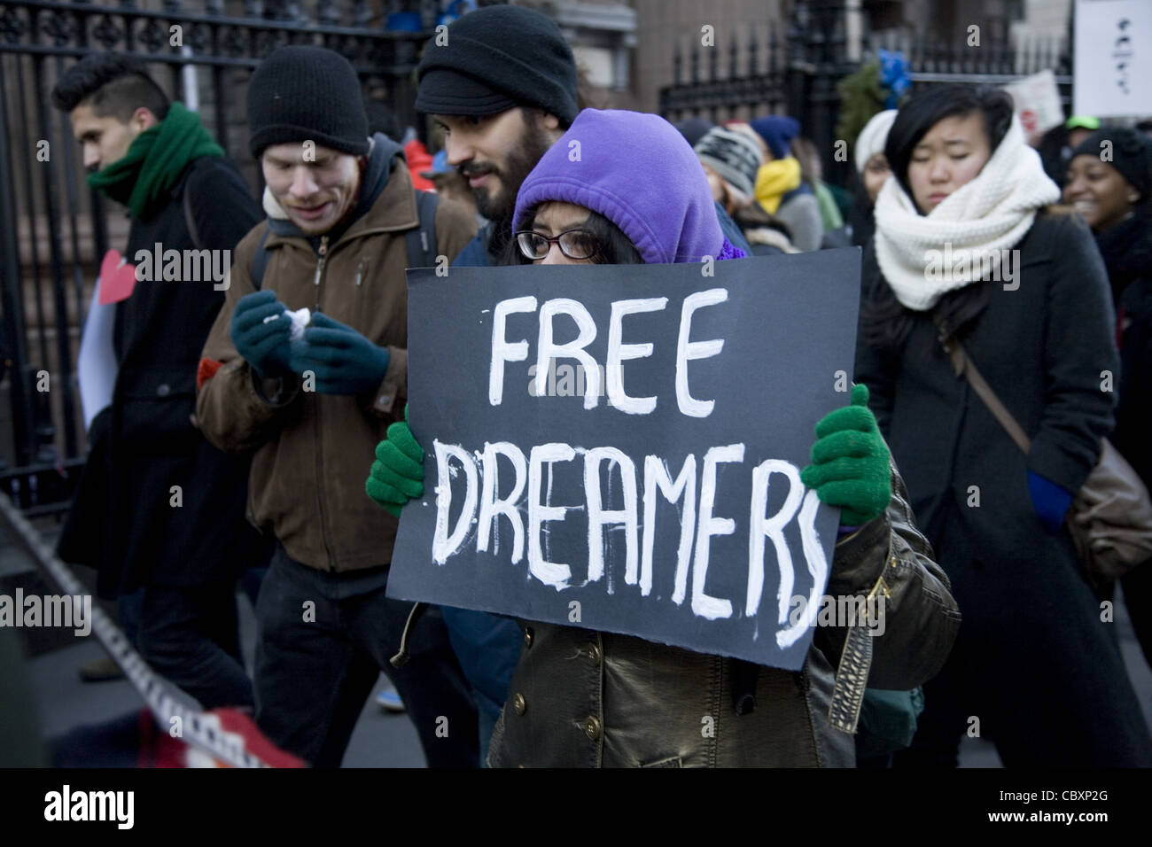 Rally and march for immigrant rights in the United States, Foley Square, NYC. Stock Photo
