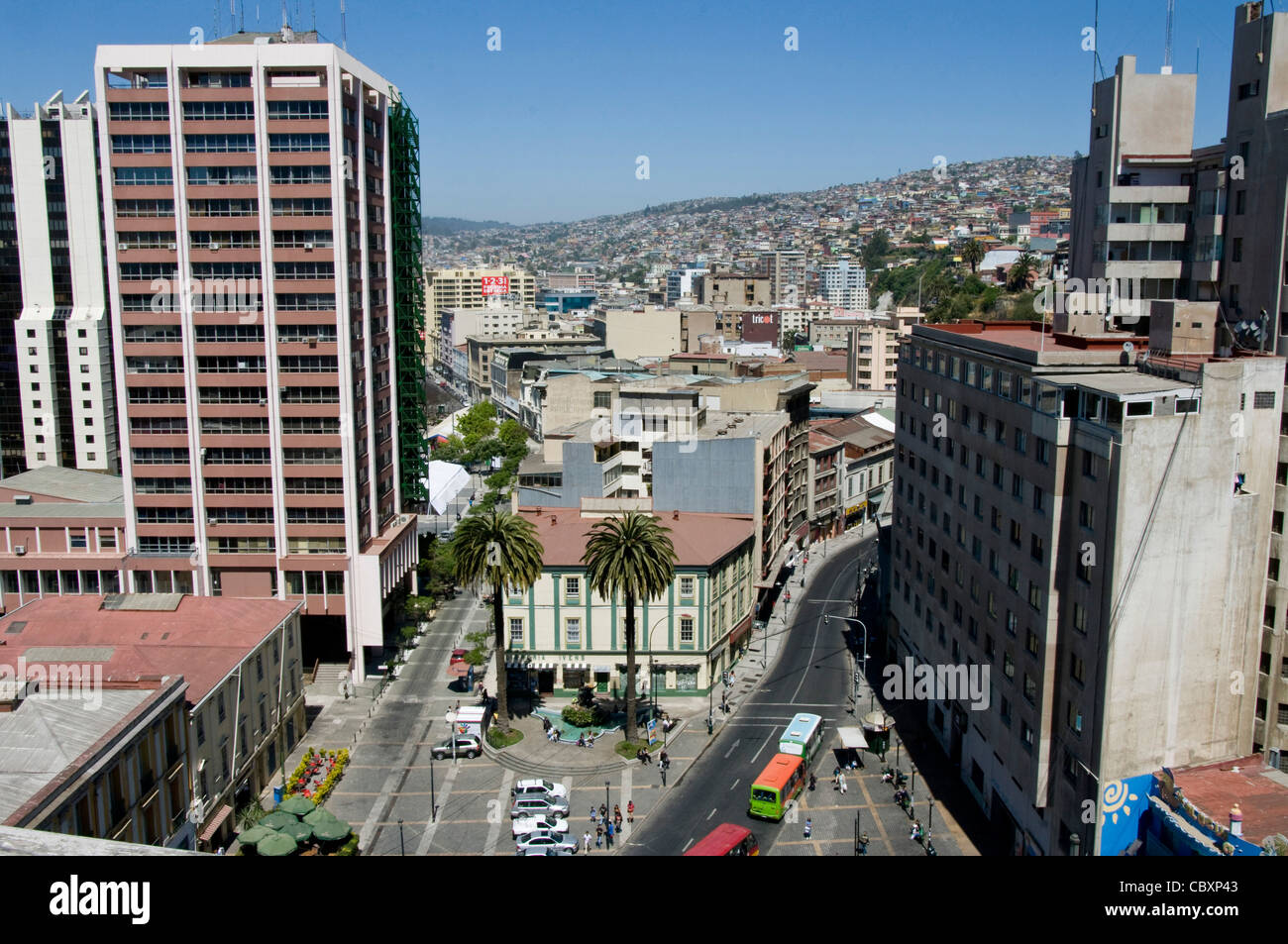Chile. Valparaiso city. Aerial view of city center. World heritage Site. Stock Photo