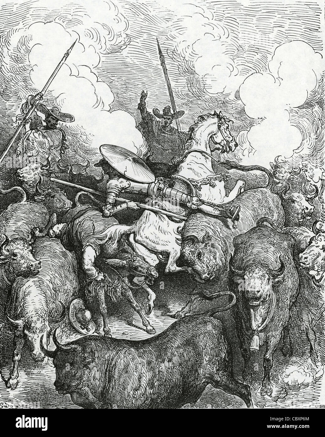 Don Quixote by Miguel de Cervantes. Don Quixote and Sancho in front of the bulls. Engraving by Gustave Dore. 19th century. Stock Photo