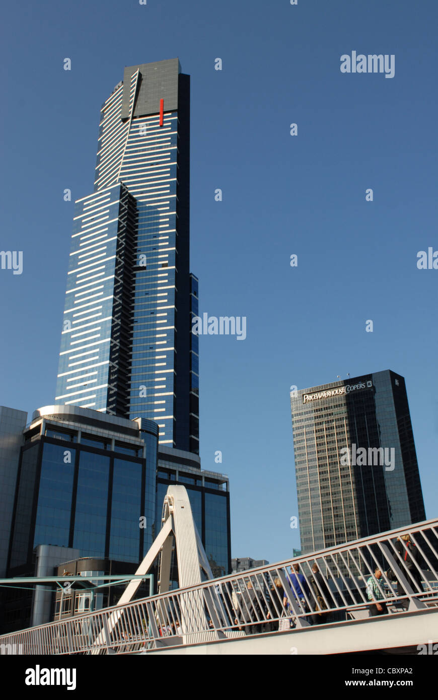 View of Soutbank with Eureka Tower, office blocks and redeveloped Sandridge Bridge with sculptures by Nadim Karam in Melbourne Stock Photo