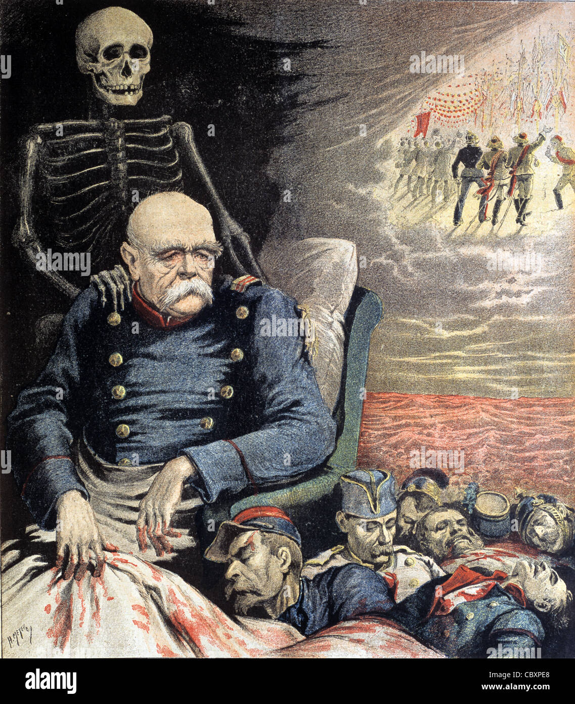 Otto von Bismarck, (1815-1898) French Satirical Cartoon 'Bismarck's Birthday' of War, Death & Destruction. German Unification. Vintage Illustration Stock Photo