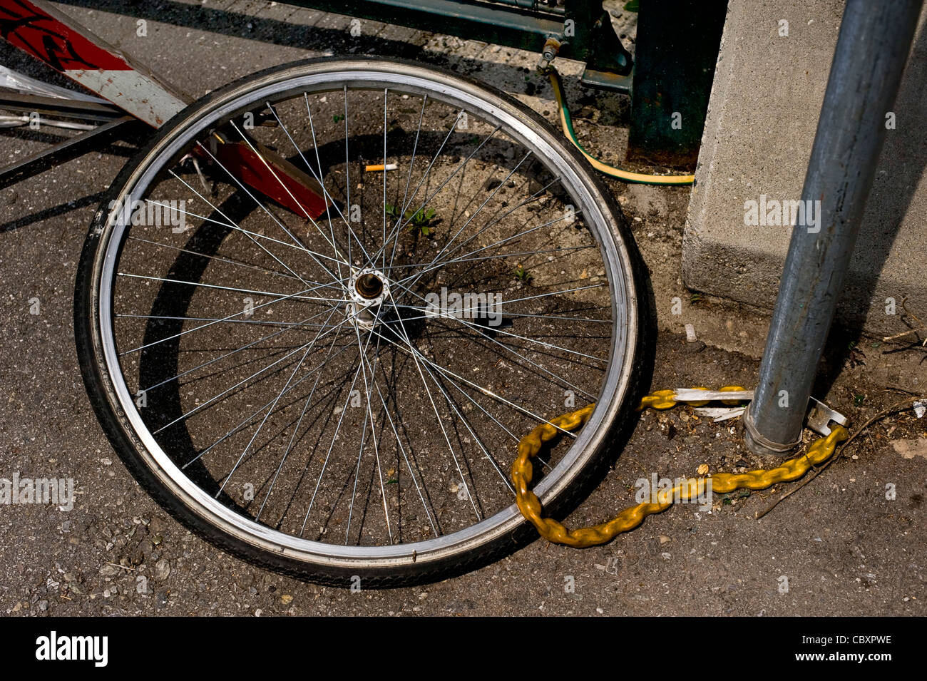 bicycle wheel locked to pole in milan, italy Stock Photo Alamy