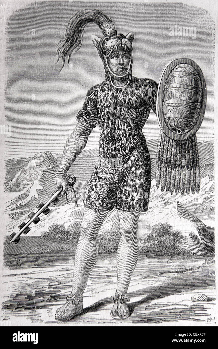 Aztec Chief  'of a Hundred Men' Wearing a Jaguar Skin Costume with Shield and Wooden Baton Encrusted with Blades, Aztec Empire. Vintage Illustration or Engraving Stock Photo
