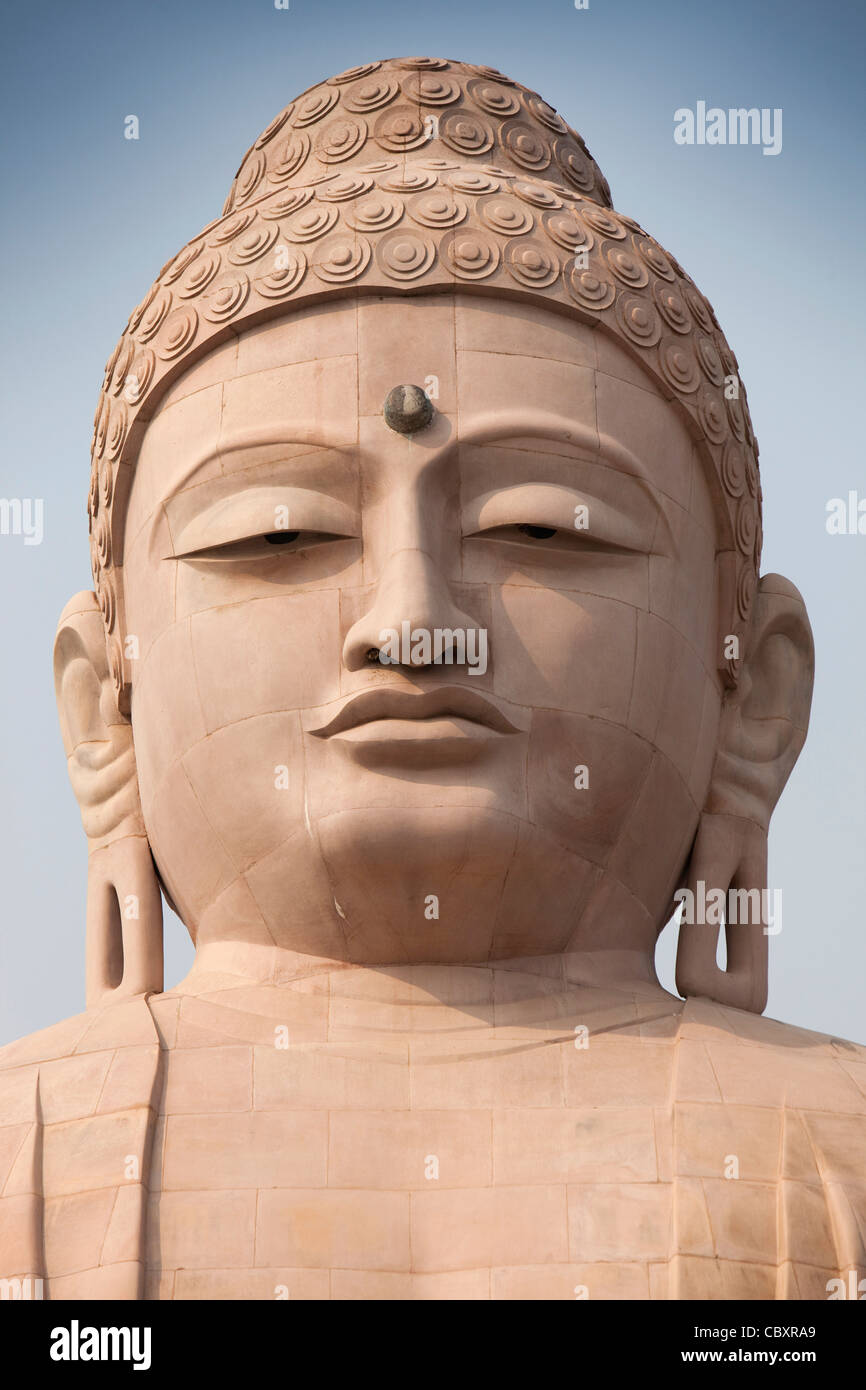 India, Bihar, Bodhgaya, Buddhism, big Buddha statue, head of figure Stock Photo