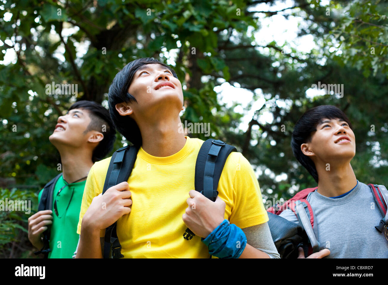 Young people go hiking in mountain Stock Photo