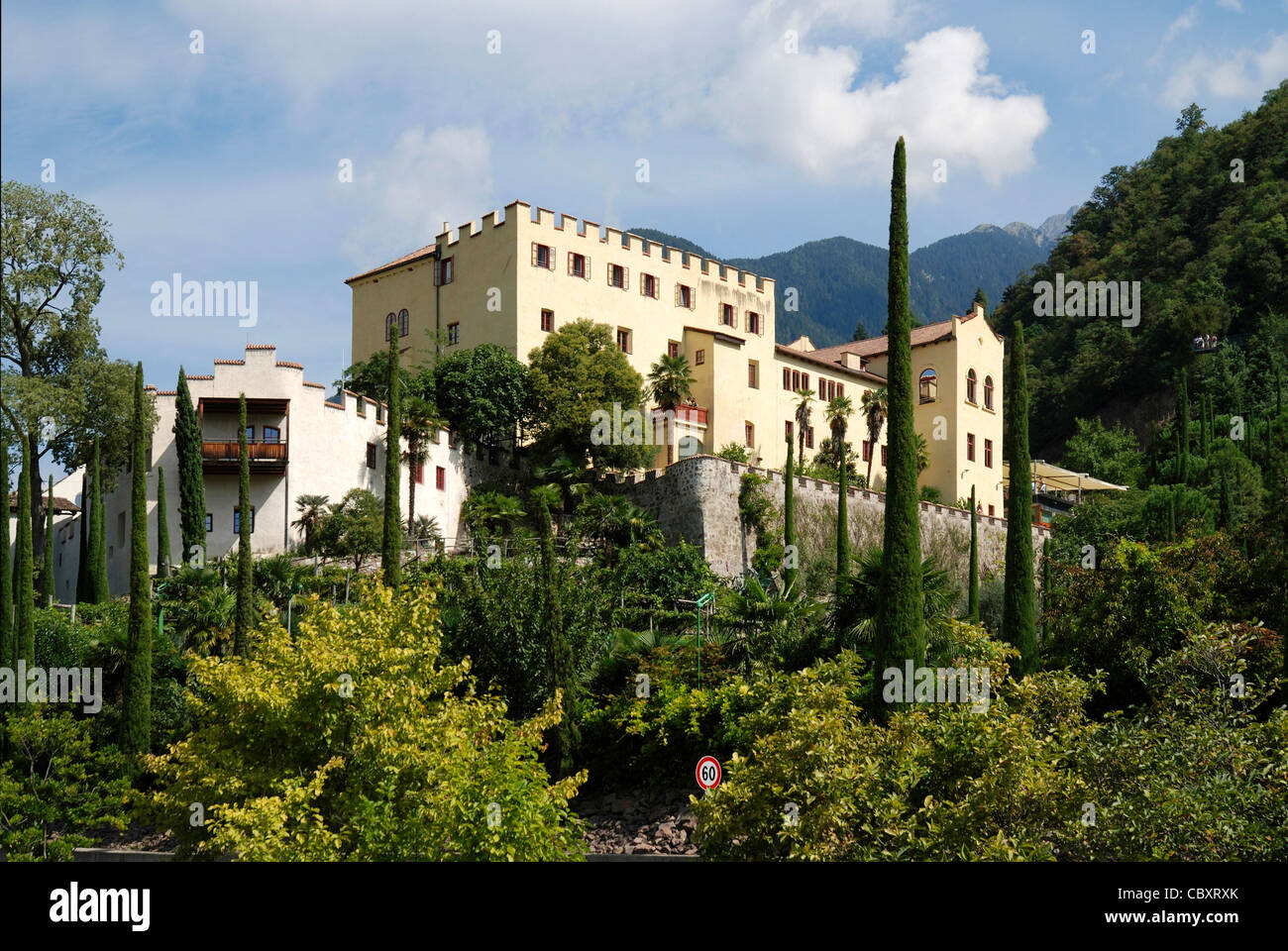 Trauttmansdorff Castle with Botanical Garden of Merano in South Tyrol. Stock Photo