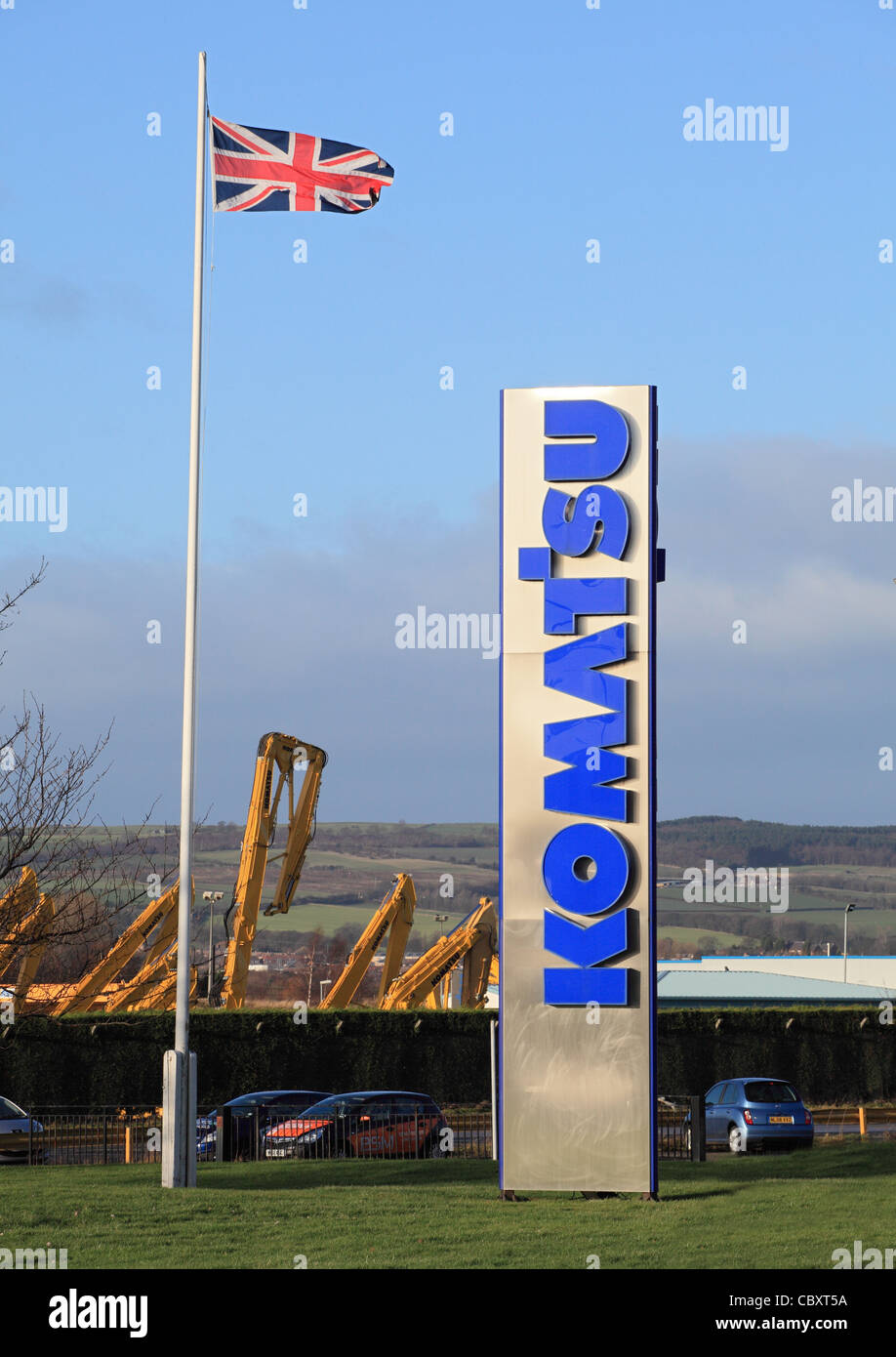 Komatsu factory sign and union jack Birtley north east England UK Stock
