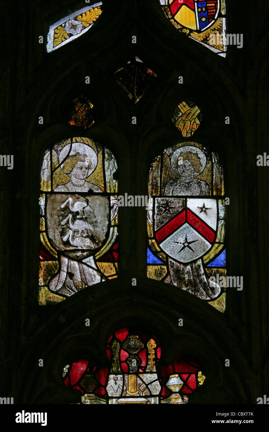 A 15th century stained glass window displaying family coats of arms, St Mary the Virgin Church, Nettlestead, Kent Stock Photo