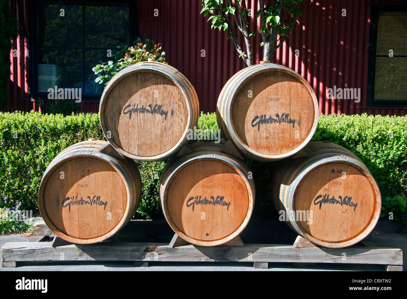 Wine barrel display at Gibbston Valley Winery near Queenstown. New