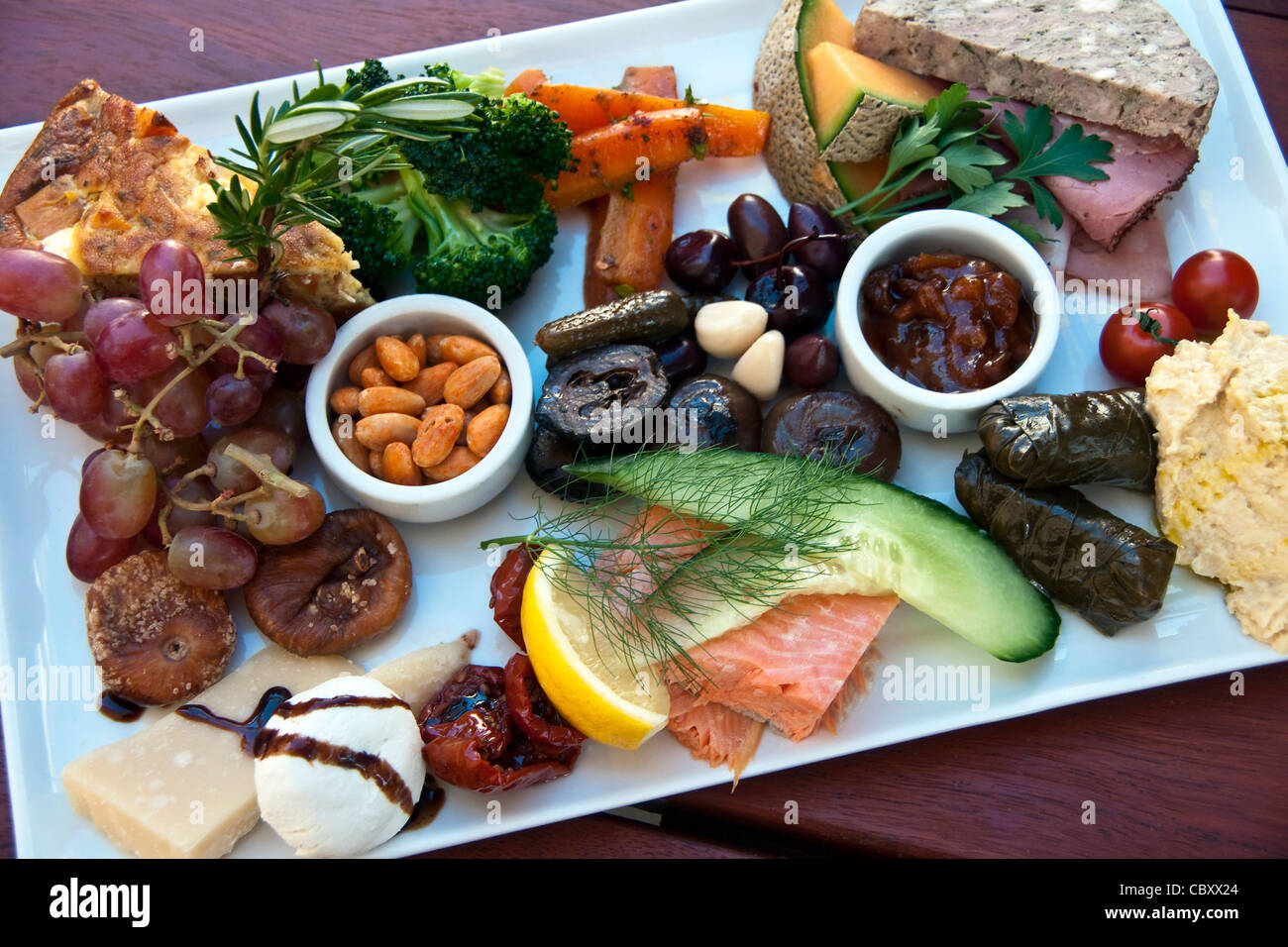 Gourmet lunch platter at Gibbston Valley Cheesery (and winery) near Queenstown, New Zealand. Stock Photo