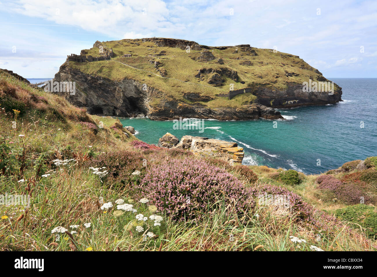 Tintagel Castle on Tintagel Head captured from the south west coast path Stock Photo