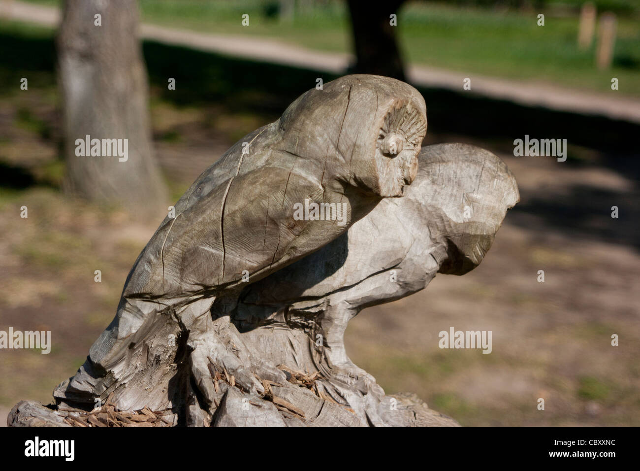 Pair of carved wooden barn owls Stock Photo