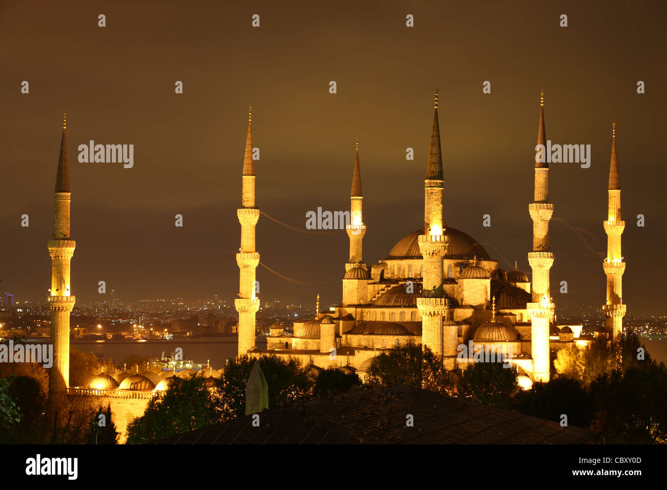 Illuminated Blue Mosque in Istanbul at night Stock Photo - Alamy