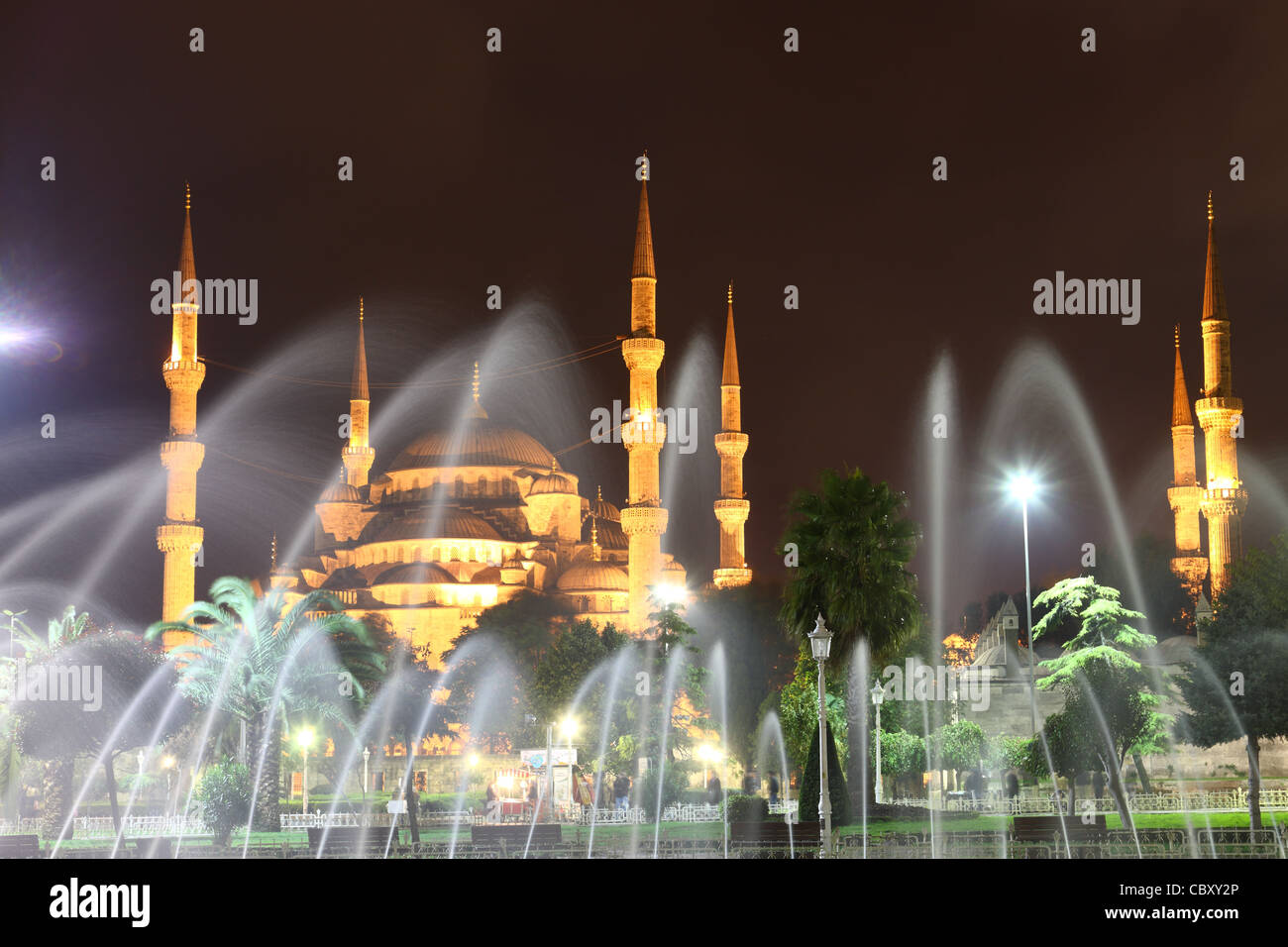 Illuminated Blue Mosque in Istanbul behind fountain at night Stock Photo