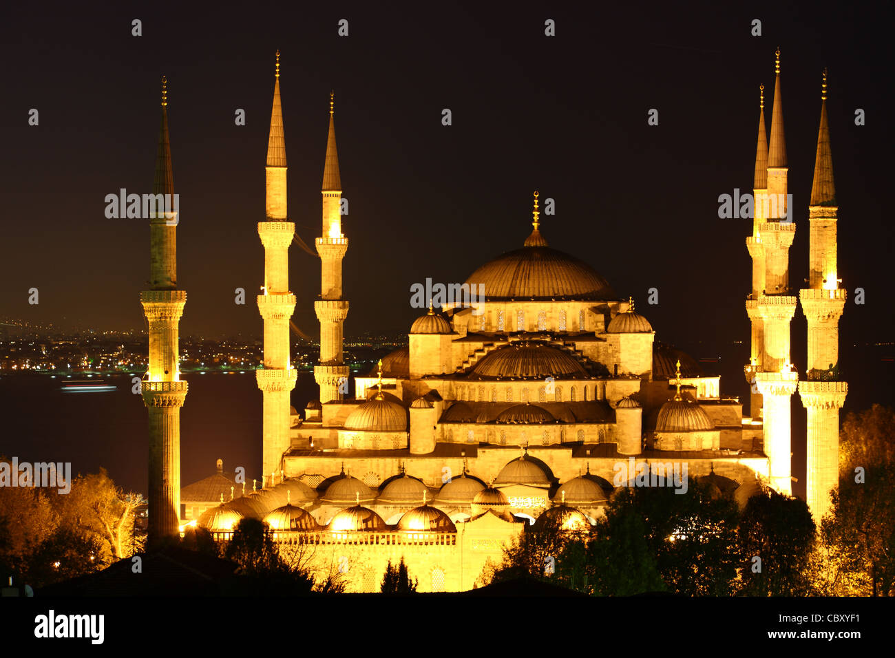 Illuminated Blue Mosque in Istanbul at night Stock Photo