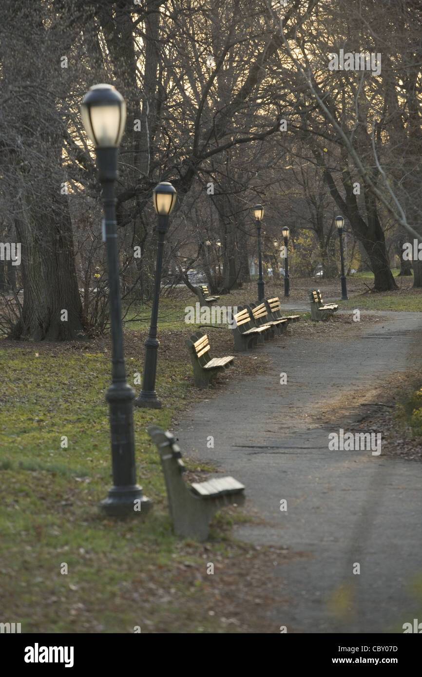 Walkway and streetlamps in Prospect Park, Brooklyn, New York. Stock Photo