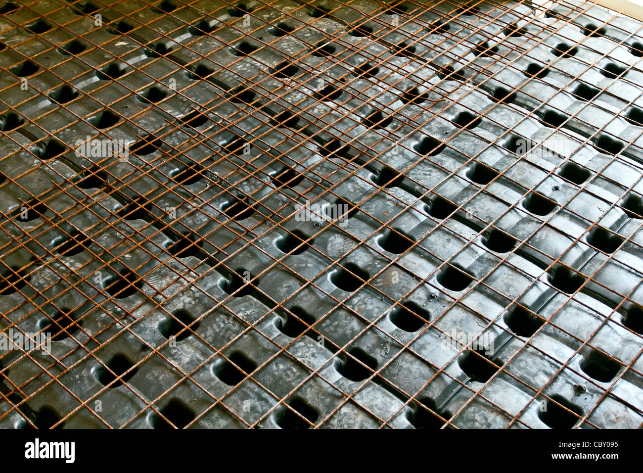 Installing Cupolex on a Construction site, insulation system under the floor Stock Photo