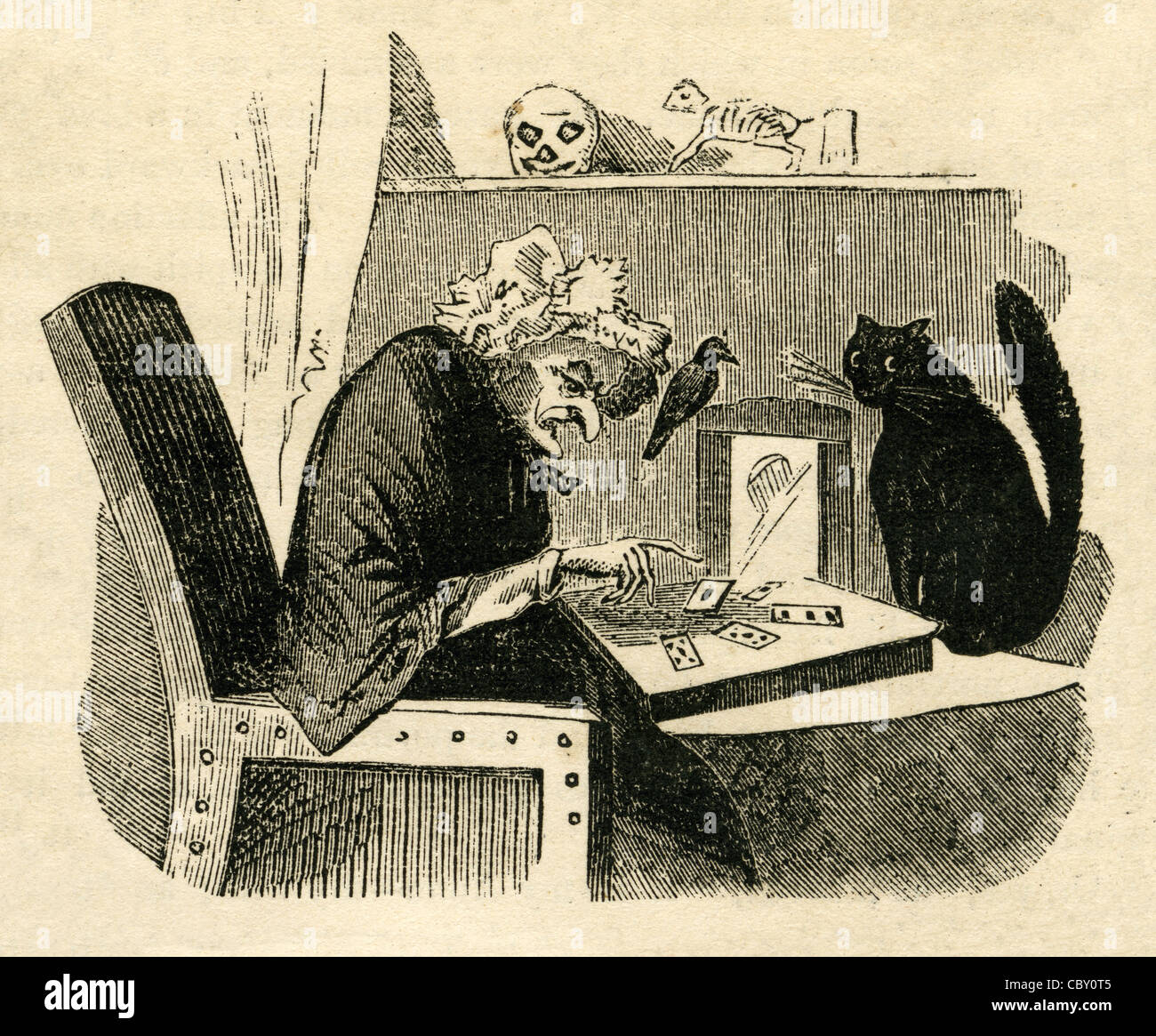 1854 engraving, witch fortune teller and black cat. Stock Photo