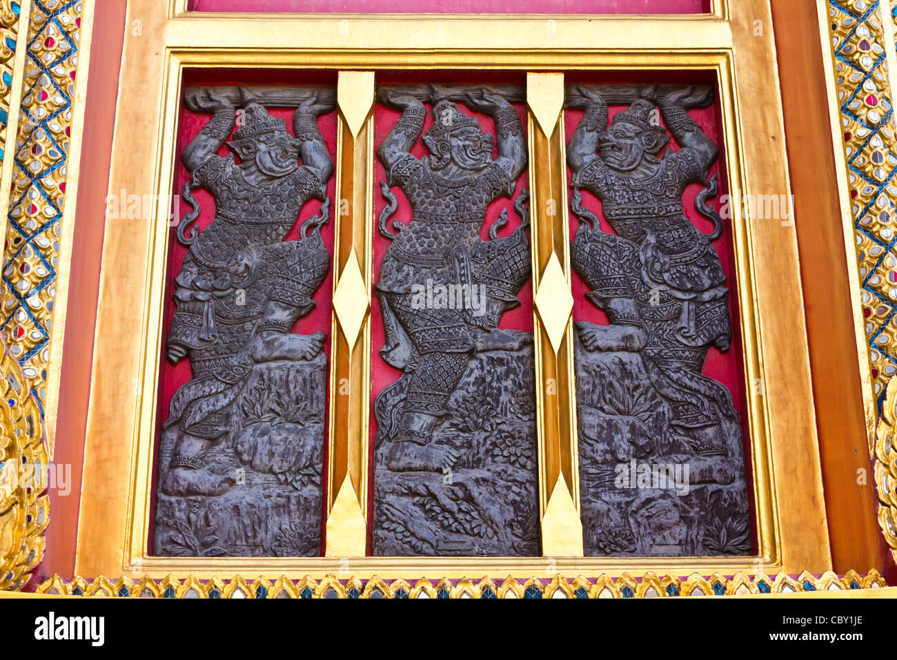 Native Thai style wood carving on window in temple, bangkok Thailand