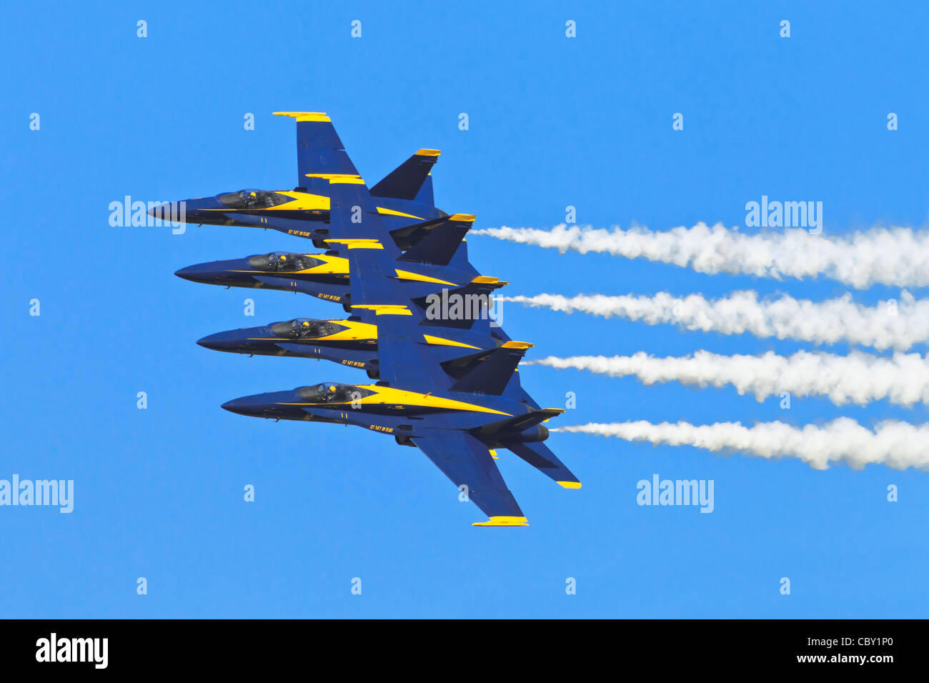 A close formation of Boeing F18 Hornet's of the US Navy's Blue Angels formation aerobatic team Stock Photo