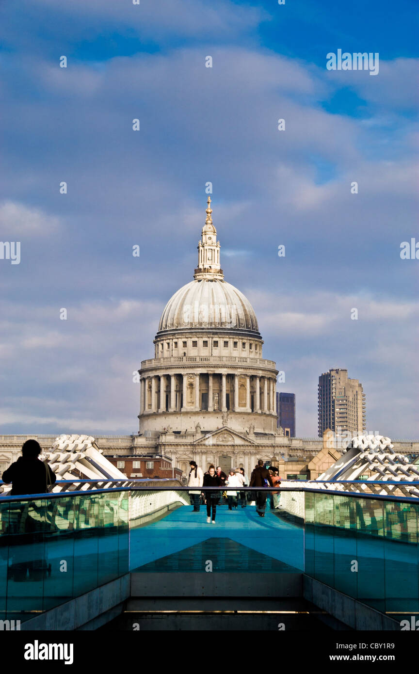 St Paul's Cathedral seen from the Millennium Bridge over the river Thames, London. over the river Thames, London. Stock Photo