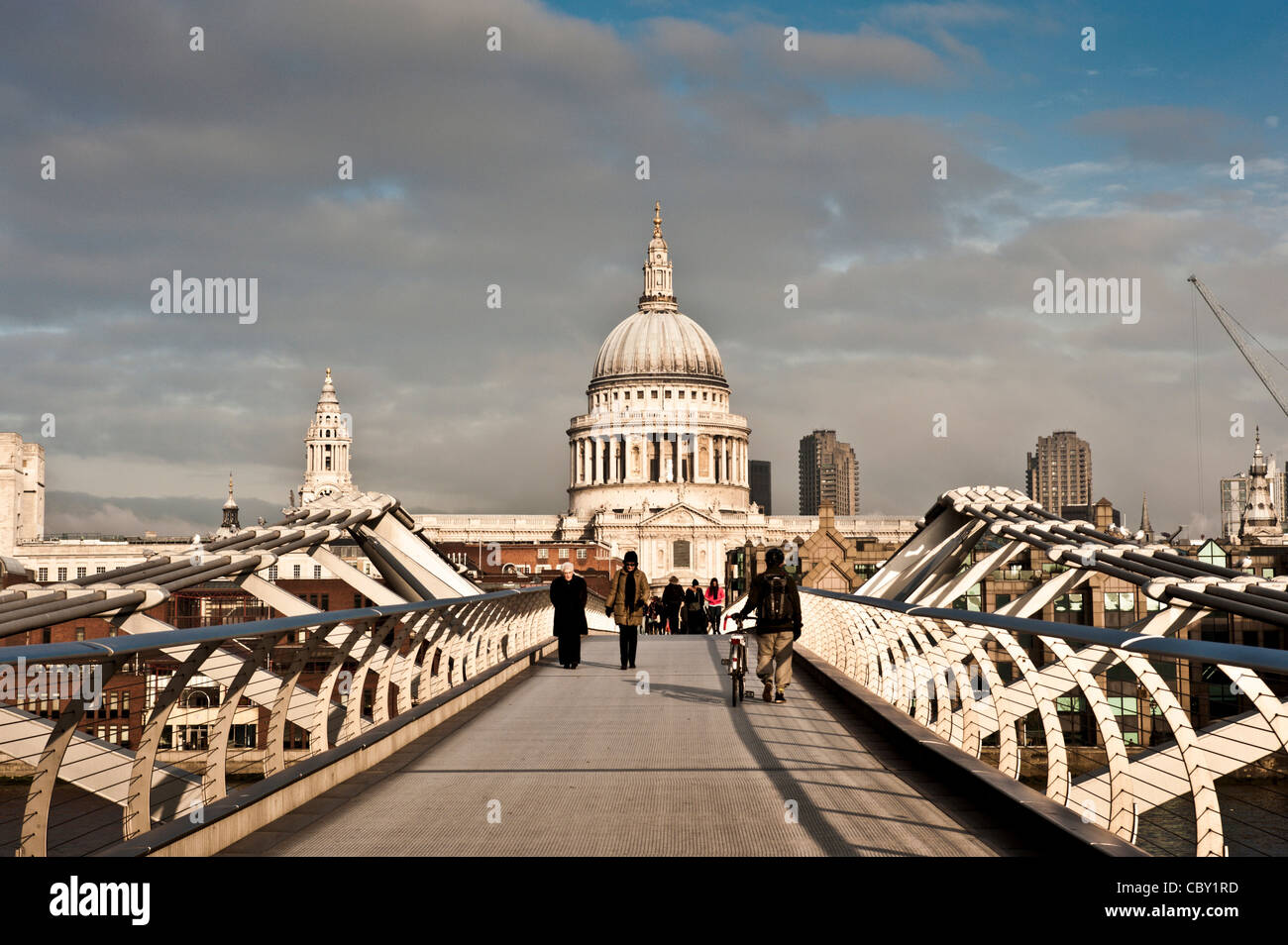 St Paul's Cathedral seen from the Millennium Bridge over the river Thames, London. Stock Photo
