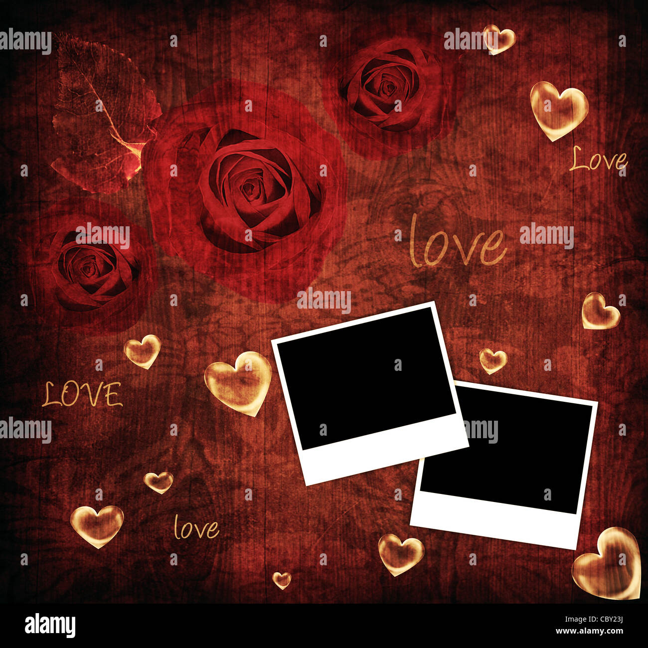 Red roses Valentine card, holiday background with photo frames, hearts & love text Stock Photo